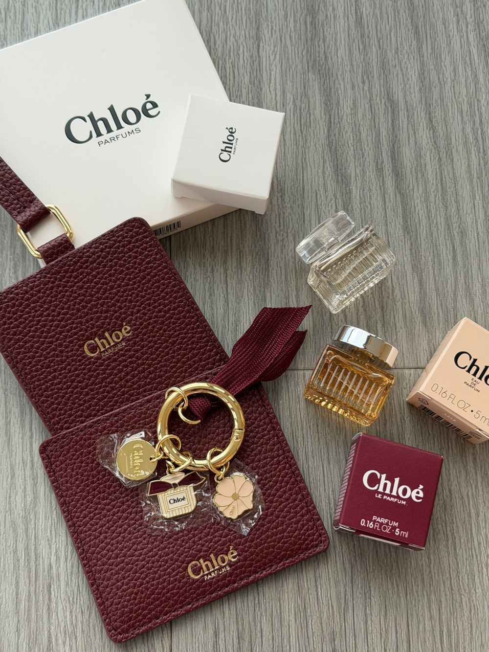 Chloe luxury set Burgundy Keyring Charm Set, mirror and 2 minis